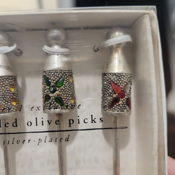 Vtg Pier 1 Exclusive Jeweled Silver Plated Olive Picks Jeweled Fancy Heavy Duty - Picture 6 of 8